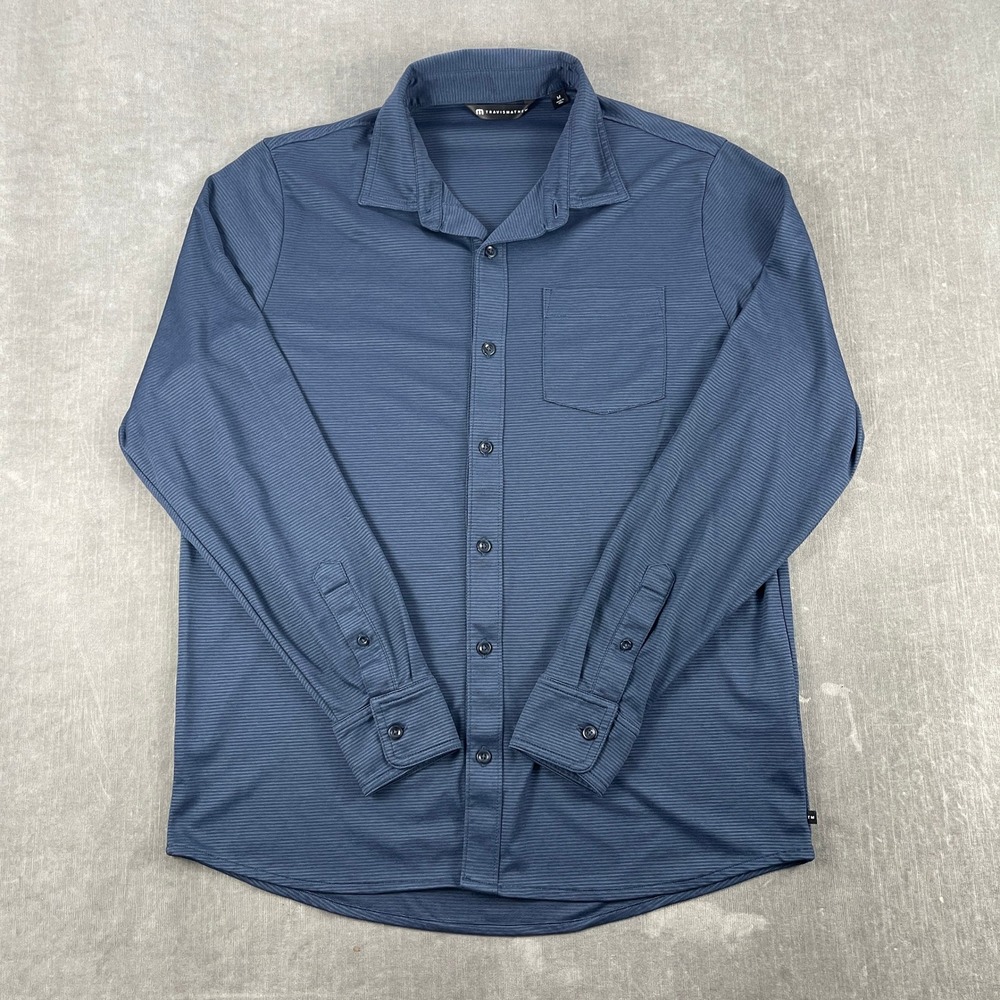 TravisMathew Men M Blue Button Down Shirt Long Sleeve Micro Stripe Performance